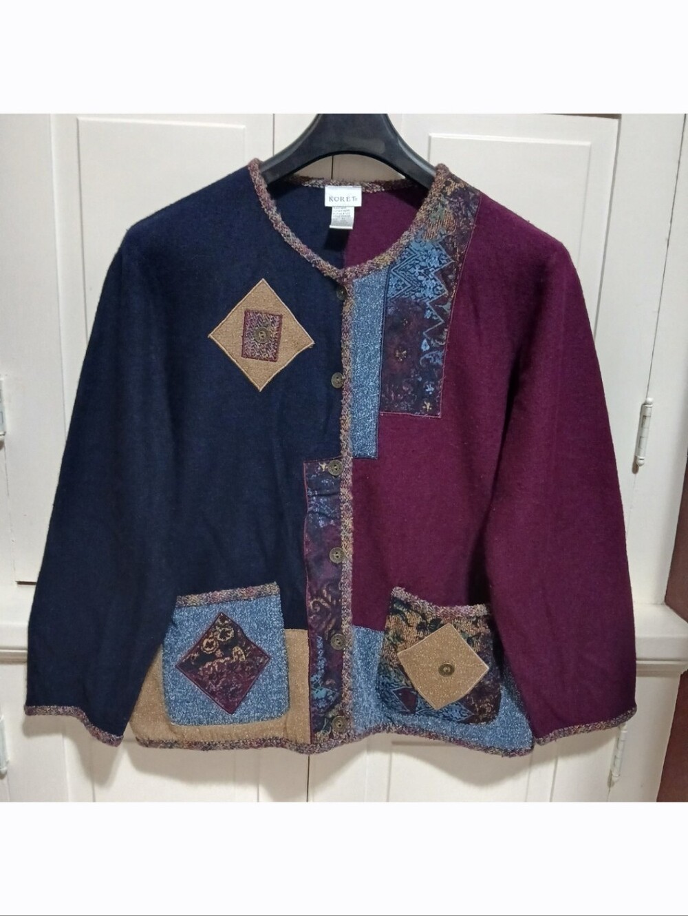 Vintage KORET 100% Wool Women's Size XL Multicolor Patchwork Style Boho Sweater